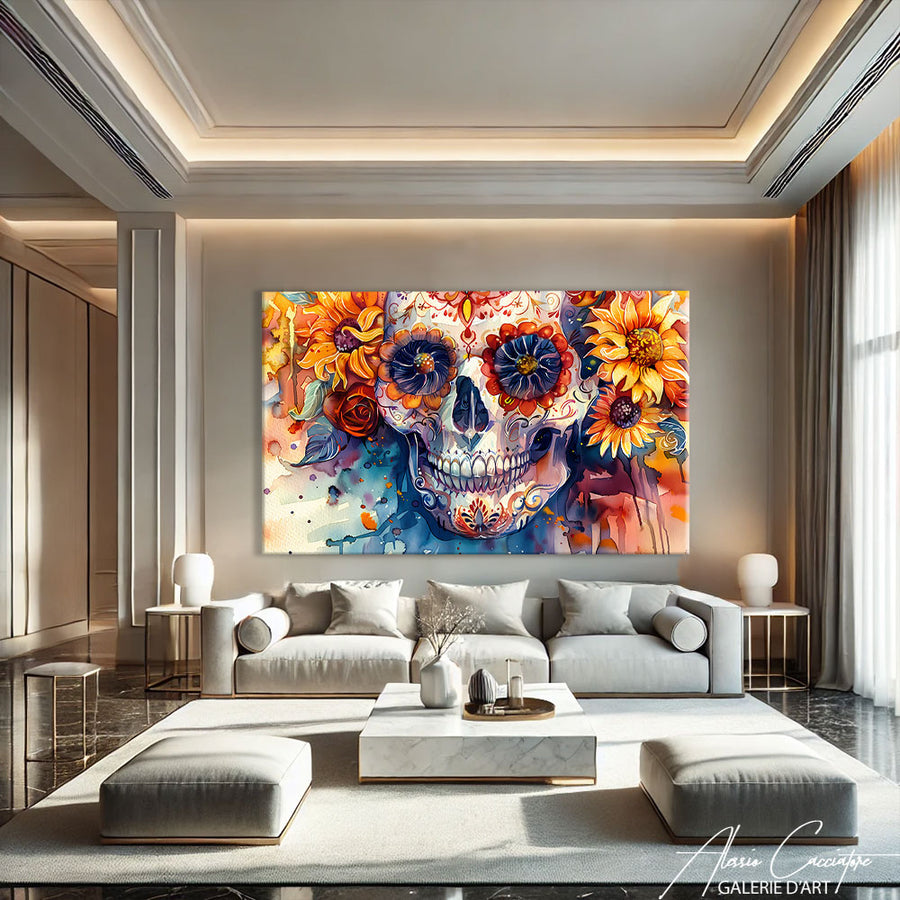TABLEAU TÊTE DE MORT FLEURS – mise en situation