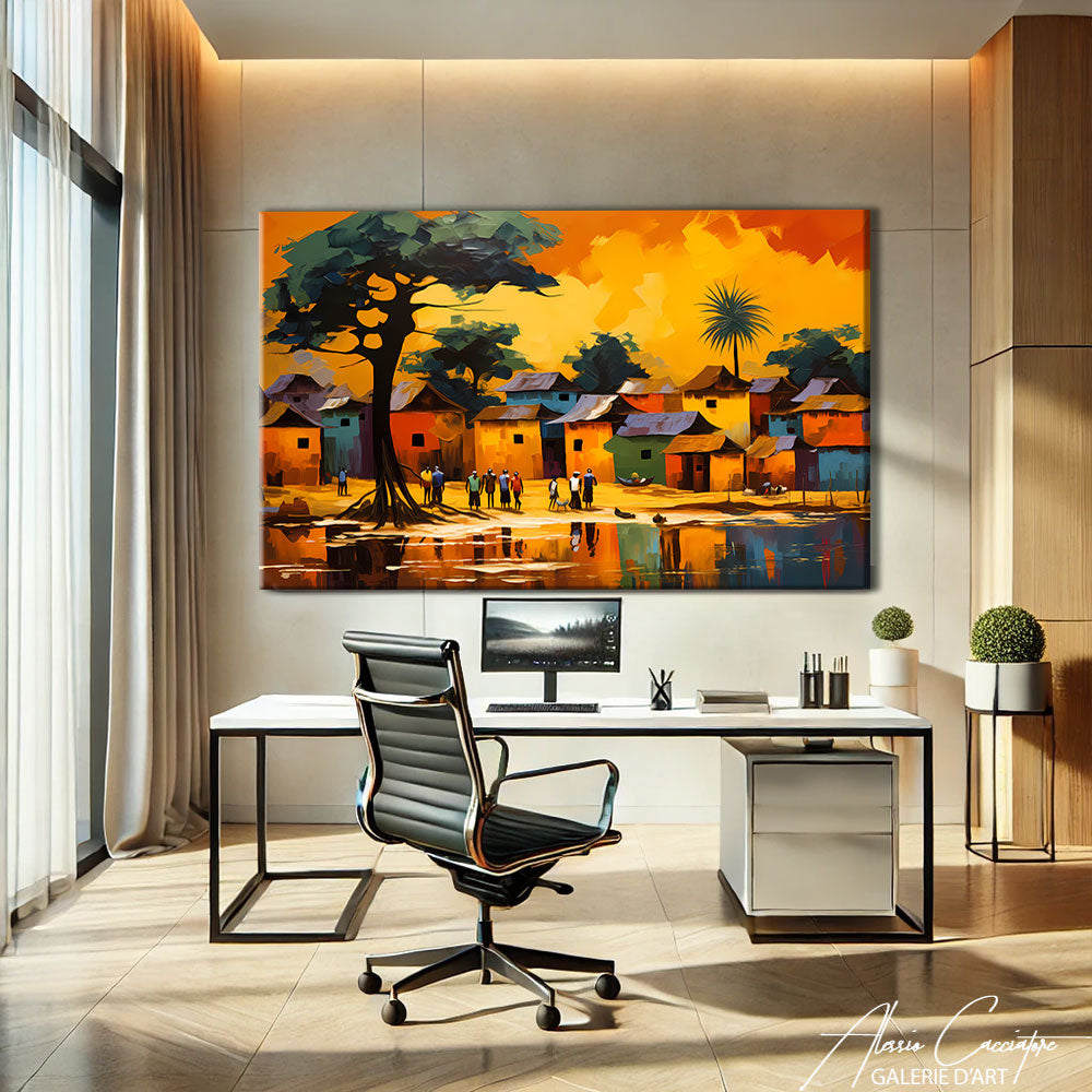 TABLEAU PEINTURE AFRICAIN VILLAGE