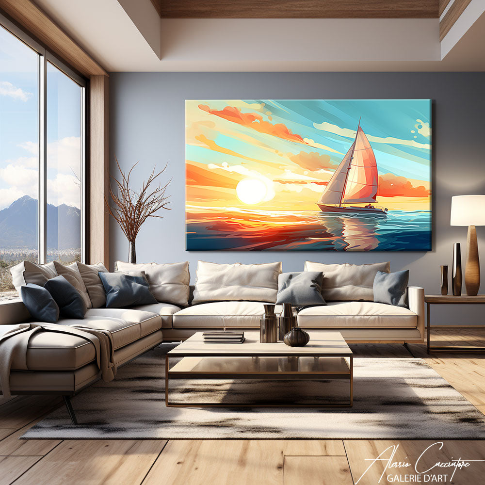 tableau bateau couché du soleil