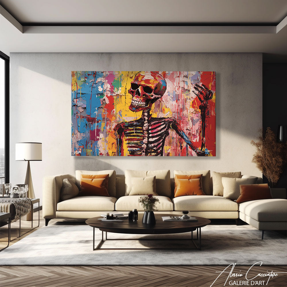 tableau tête de mort multicolore
