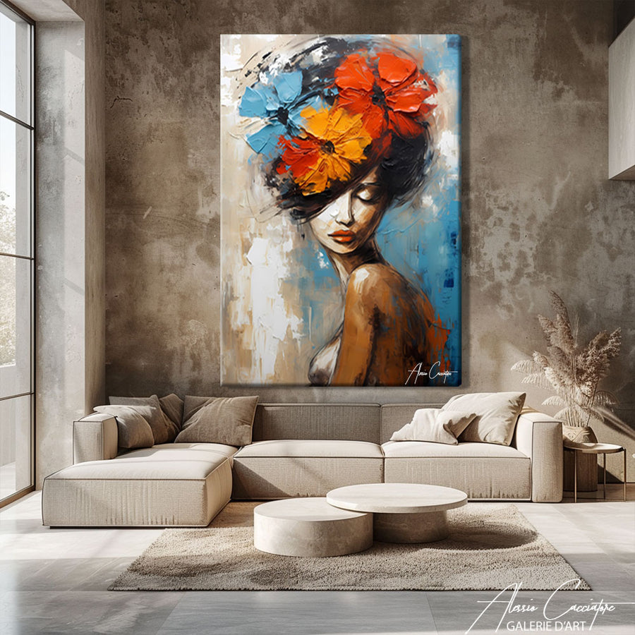 Tableau Femme Fleurs Cheveux – mise en situation