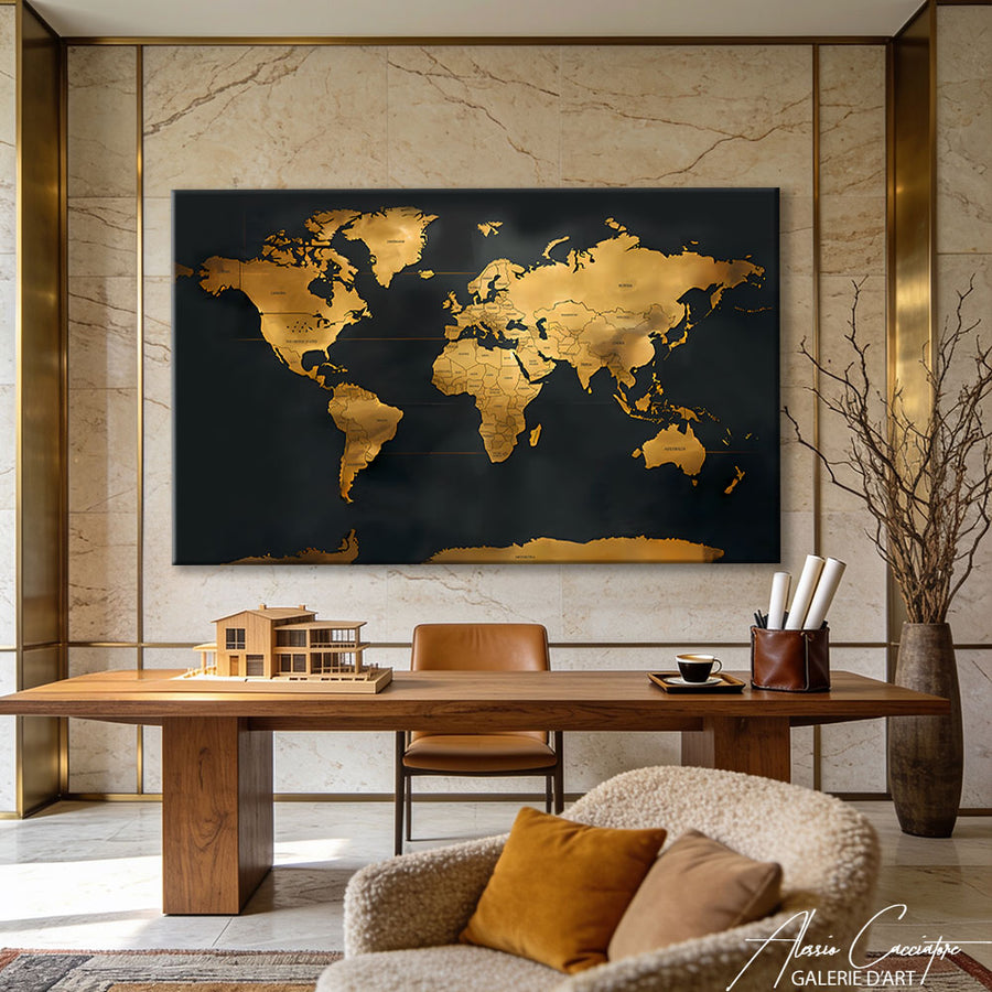 TABLEAU CARTE DU MONDE NOIR ET OR – mise en situation