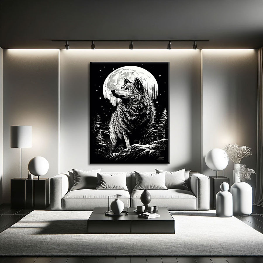 tableau loup noir et blanc – mise en situation