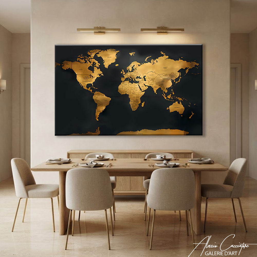 TABLEAU CARTE DU MONDE NOIR ET OR