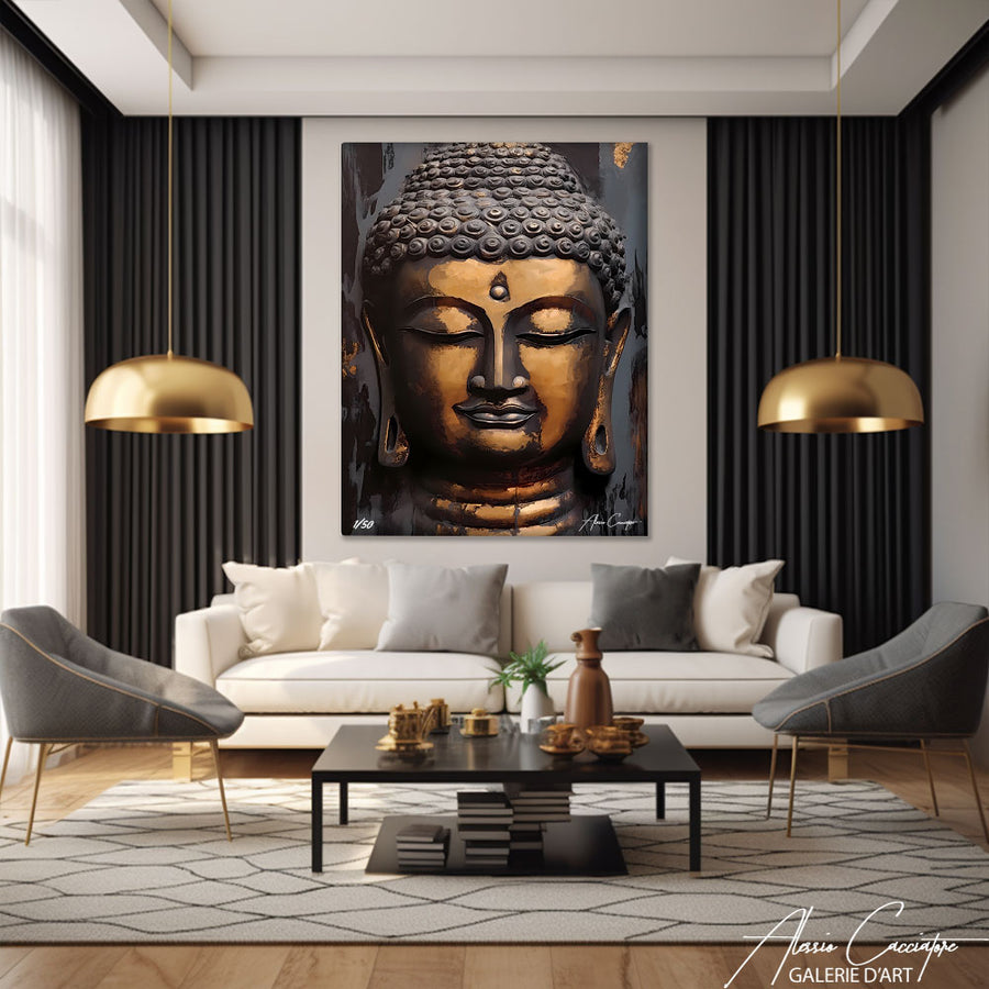 tableau bouddha gris – mise en situation