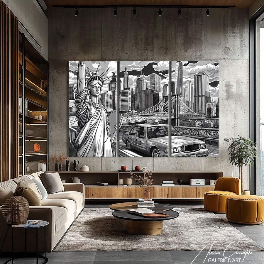 Tableau Triptyque Moderne Noir Et Blanc – mise en situation