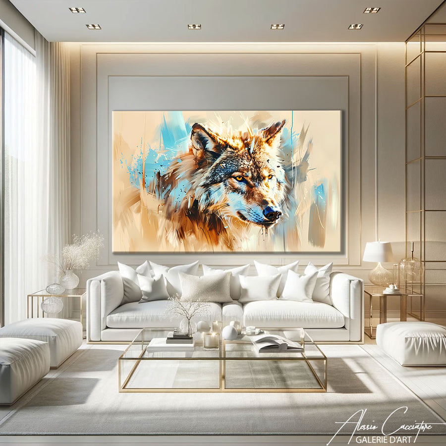 Peinture loup sur toile – mise en situation