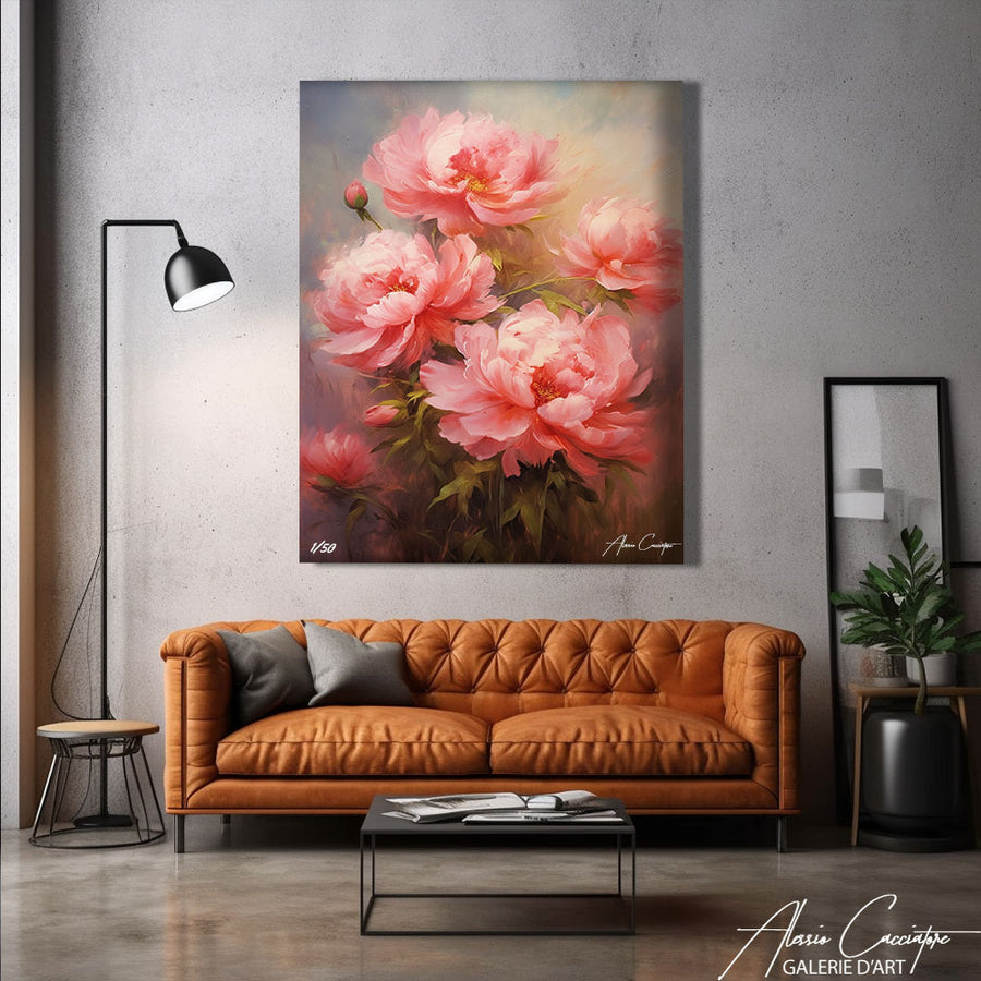 tableau peinture pivoine – mise en situation
