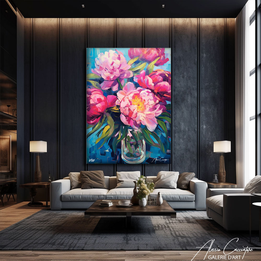 tableau avec des pivoines