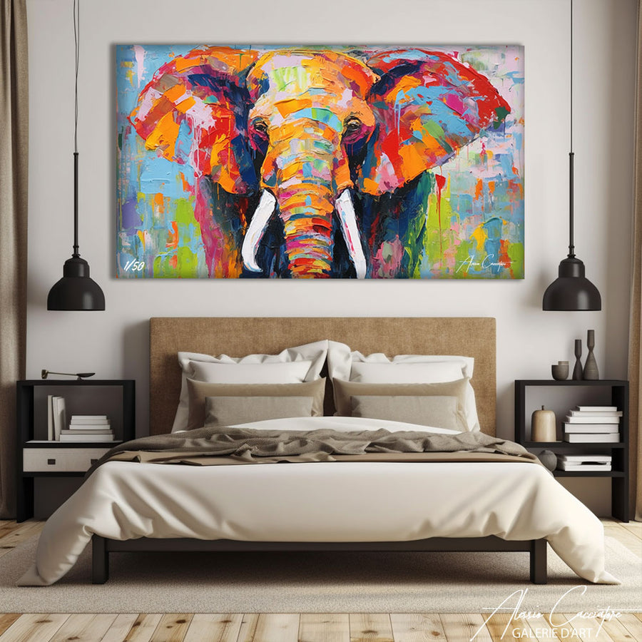 tableau éléphant multicolore – mise en situation