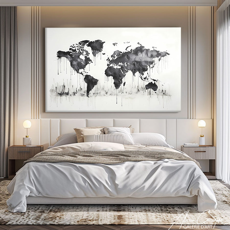 Tableau Carte du Monde Noir et Blanc – mise en situation