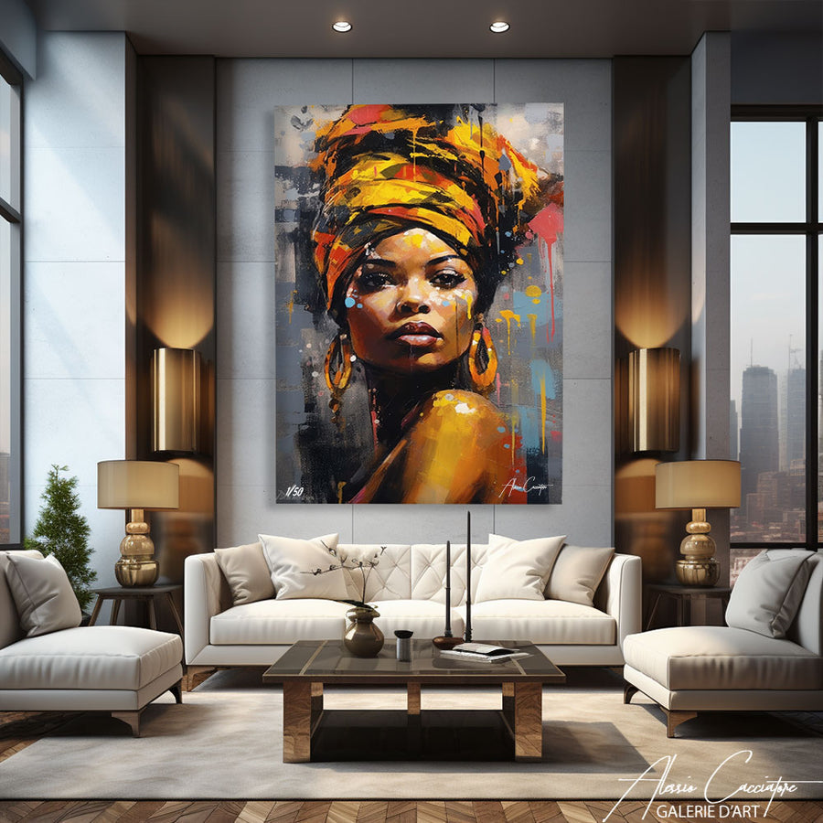tableau femme africaine abstrait – mise en situation