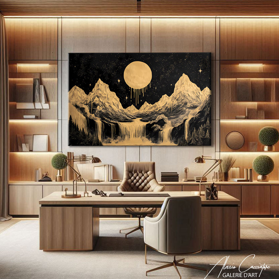 Tableau Abstrait Noir et Doré – mise en situation