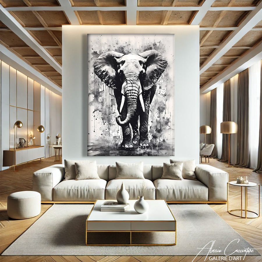 tableau elephant noir et blanc – mise en situation