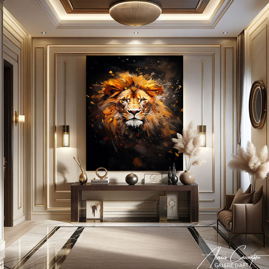 tableau lion noir et or – mise en situation