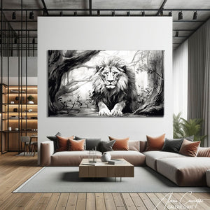 tableau lion noir et blanc