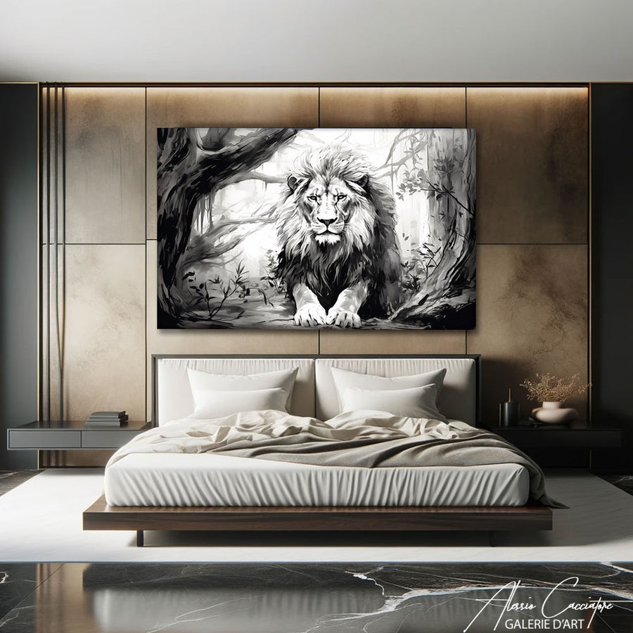 peinture lion noir et blanc – mise en situation