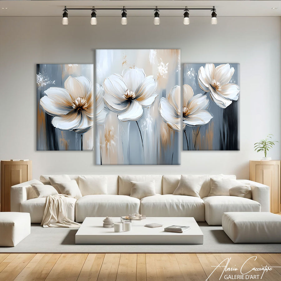 TABLEAU TRIPTYQUE FLEURS BLANCHES – mise en situation