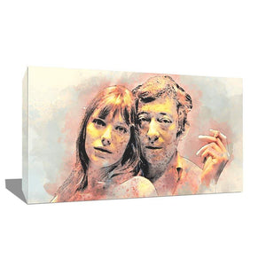 tableau serge gainsbourg et jane birkin pop art en peinture de couleur claire en toile ou en plexiglas acrylique par l'artiste Alessio Cacciatore
