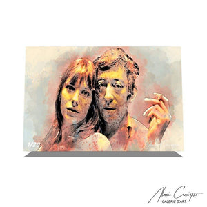 tableau serge gainsbourg et jane birkin pop art en peinture de couleur claire en toile ou en plexiglas acrylique par l'artiste Alessio Cacciatore