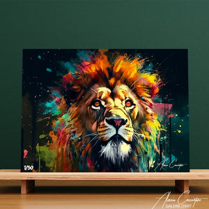 tableau lion multicolore