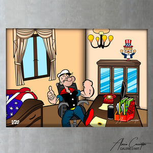 tableau popeye pop art de l'artiste Alessio Cacciatore | Tableau Capitole Popeye avec popeye musclé qui fait un sourire | Toile ou plexiglas avec oncle sam au dessus d'une armoire | Ikonick | The poplace | Inkuitive