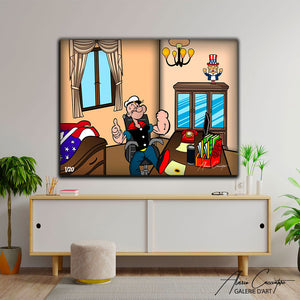 tableau popeye pop art de l'artiste Alessio Cacciatore | Tableau Capitole Popeye avec popeye musclé qui fait un sourire | Toile ou plexiglas avec oncle sam au dessus d'une armoire | Ikonick | The poplace | Inkuitive