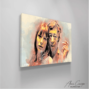 tableau alessio cacciatore avec serge gainsbourg qui est avec une cigarette à sa main gauche jane birkin est sur la photo oeuvre d'art wall art décoration murale