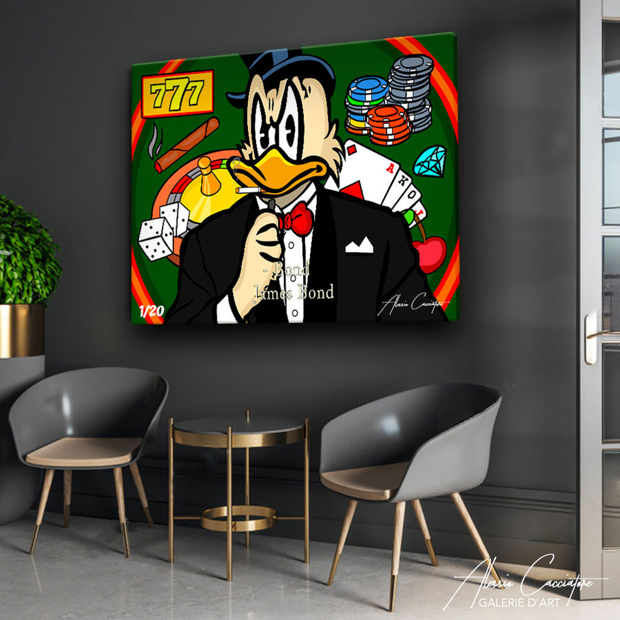 tableau picsou pop art alessio cacciatore | Picsou sur un fond de casino | James bond art | Picsou smoking | Picsou qui fume une cigarette james bond – mise en situation