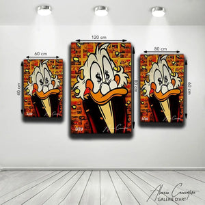 tableau alessio cacciatore piscou ou srooge avec le logo dollars dans les yeux sur un fond orange galerie d'art en ligne alessio cacciatore picsou oeuvre d'art orange