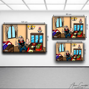 tableau popeye pop art de l'artiste Alessio Cacciatore | Tableau Capitole Popeye avec popeye musclé qui fait un sourire | Toile ou plexiglas avec oncle sam au dessus d'une armoire | Ikonick | The poplace | Inkuitive