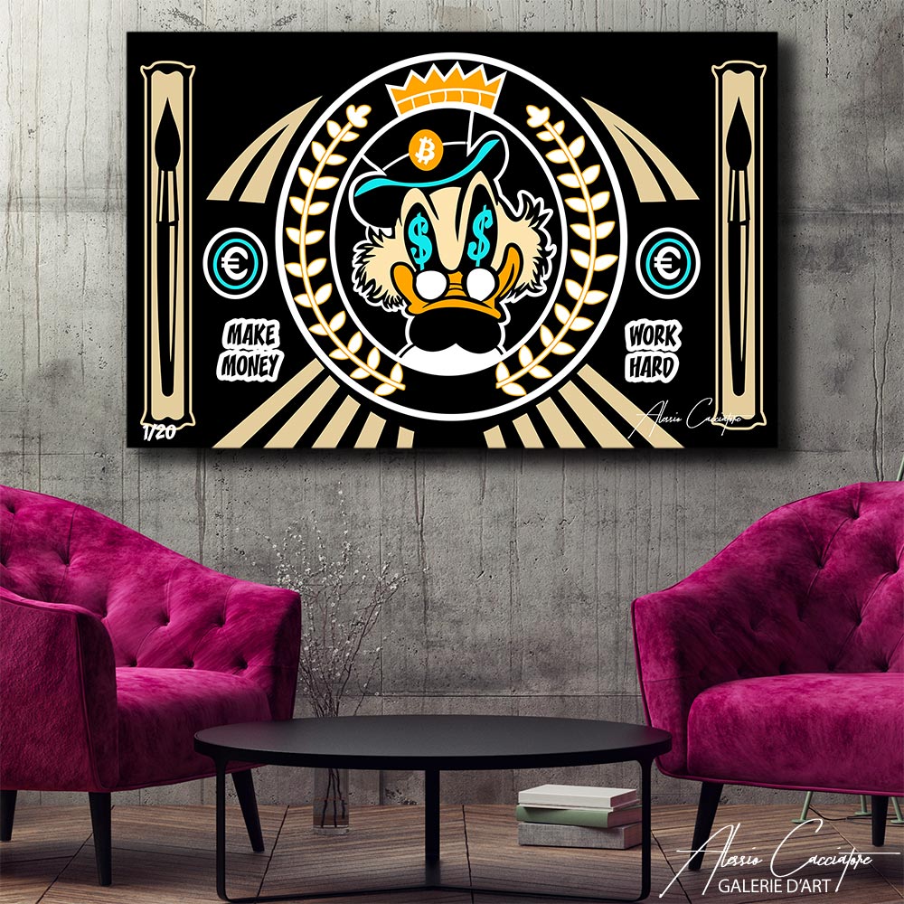 tableau picsou dollars monney noir | peinture picsou avec dollars | picsou roi avec argent