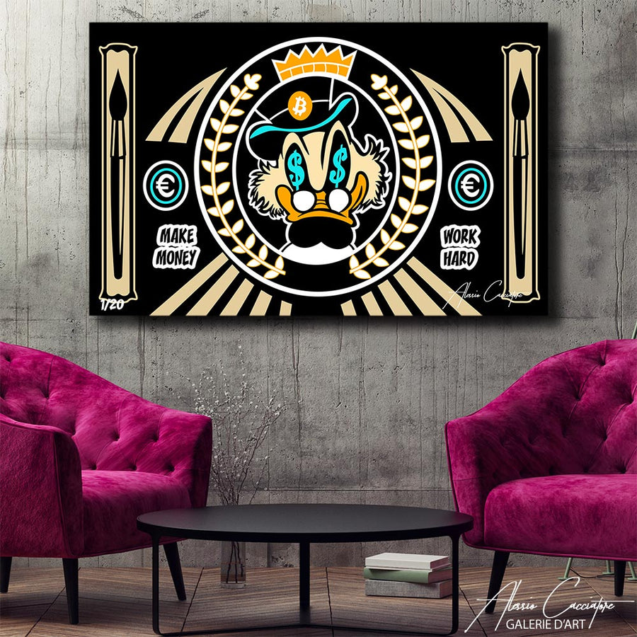 tableau picsou dollars monney noir | peinture picsou avec dollars | picsou roi avec argent – mise en situation