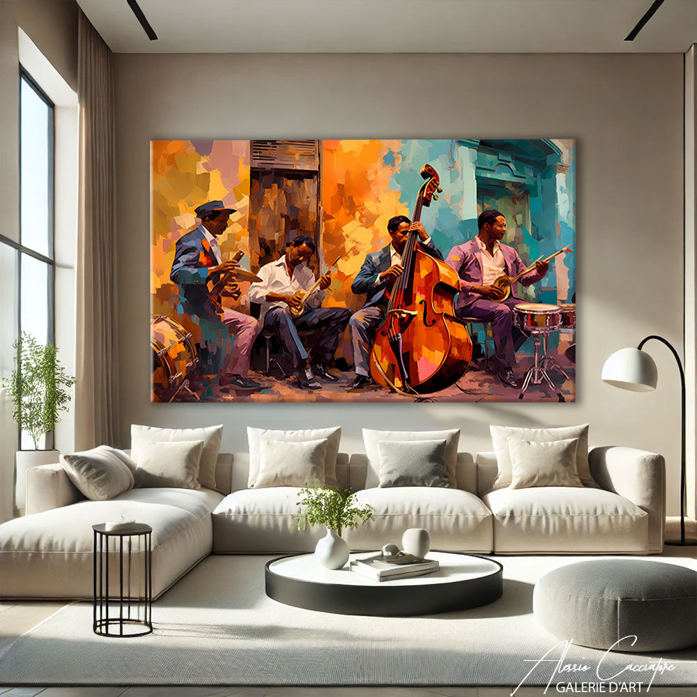 tableau africain jazz accroché dans un intérieur moderne