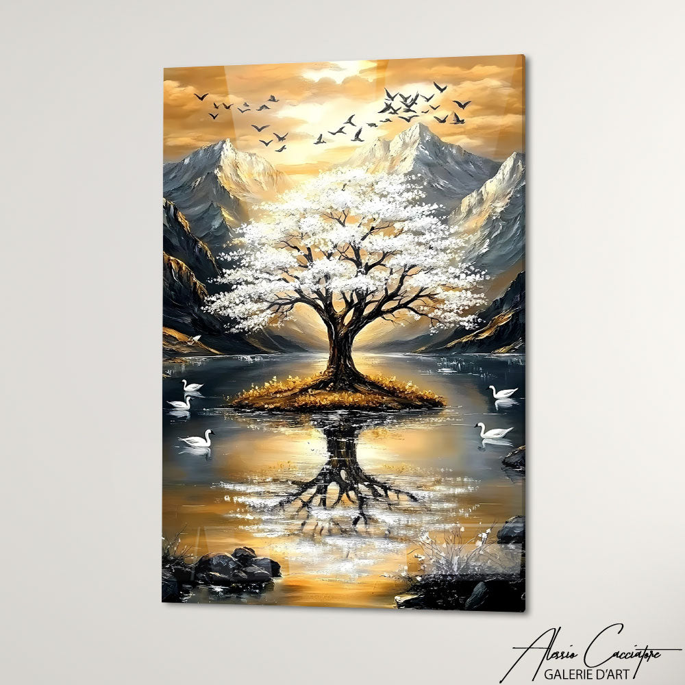 Tableau japonais arbre doré accroché dans un salon contemporain