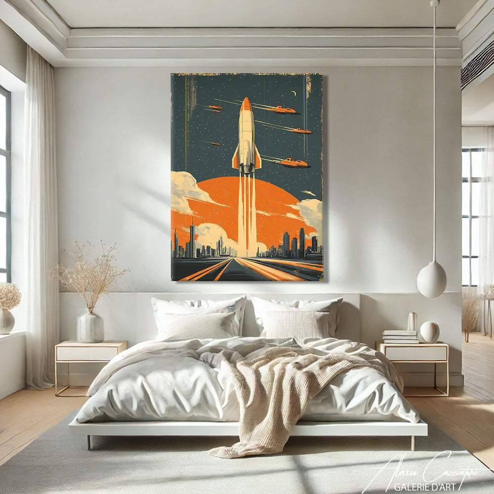 Tableau mural moderne accroché à la bonne hauteur au-dessus d'un lit dans une chambre lumineuse