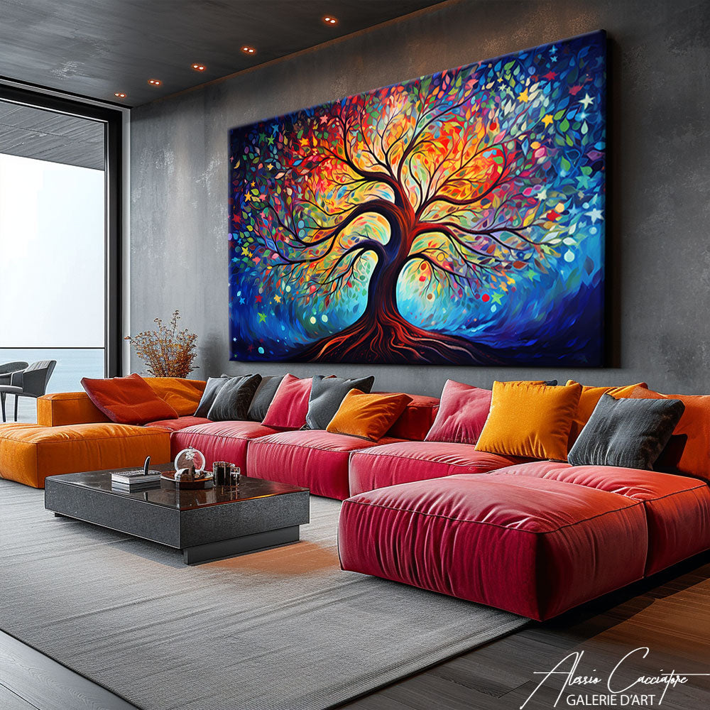 Accrocher un tableau lourd grand format arbre de vie au-dessus d'un canapé de salon