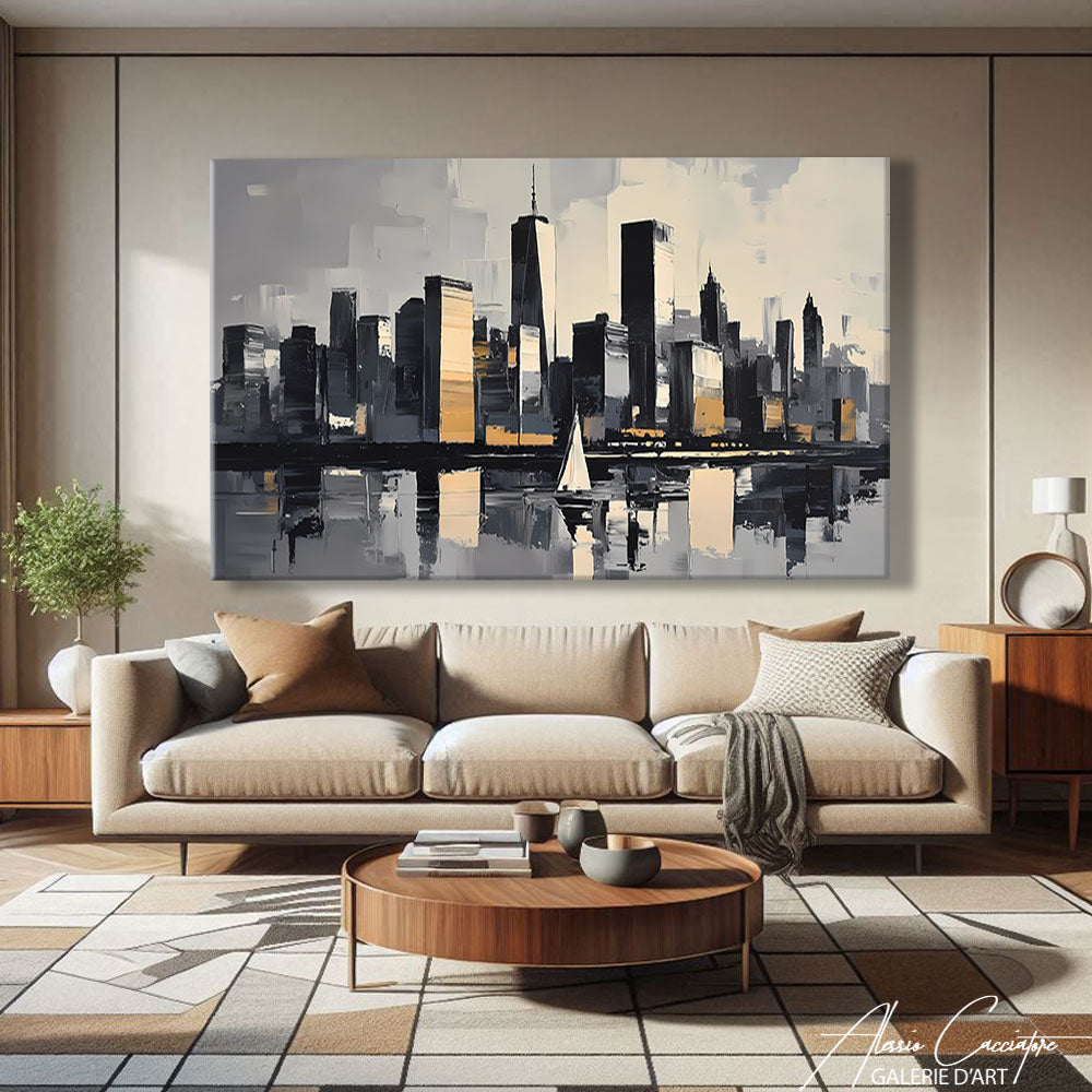 Impression sur toile New York noir et blanc dans un salon — TABLEAU NEW YORK NOIR ET BLANC