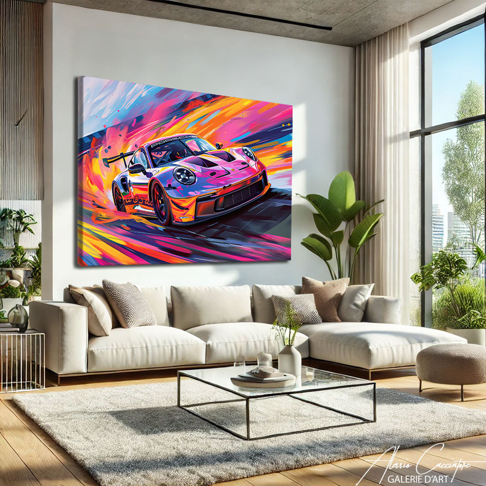 Tableau voiture Porsche GT3 RS coloré accroché au-dessus d'un canapé dans un salon lumineux