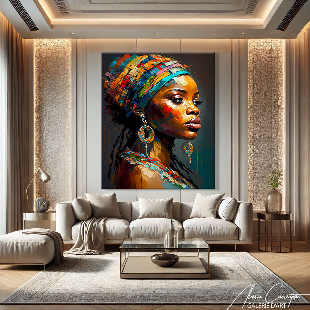 tableau africain femme abstrait accroché dans un intérieur moderne