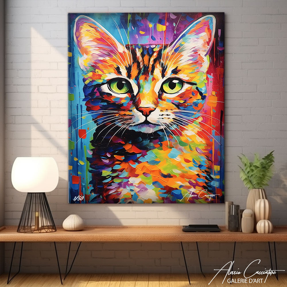 Tableau chat pop art coloré accroché dans un salon contemporain