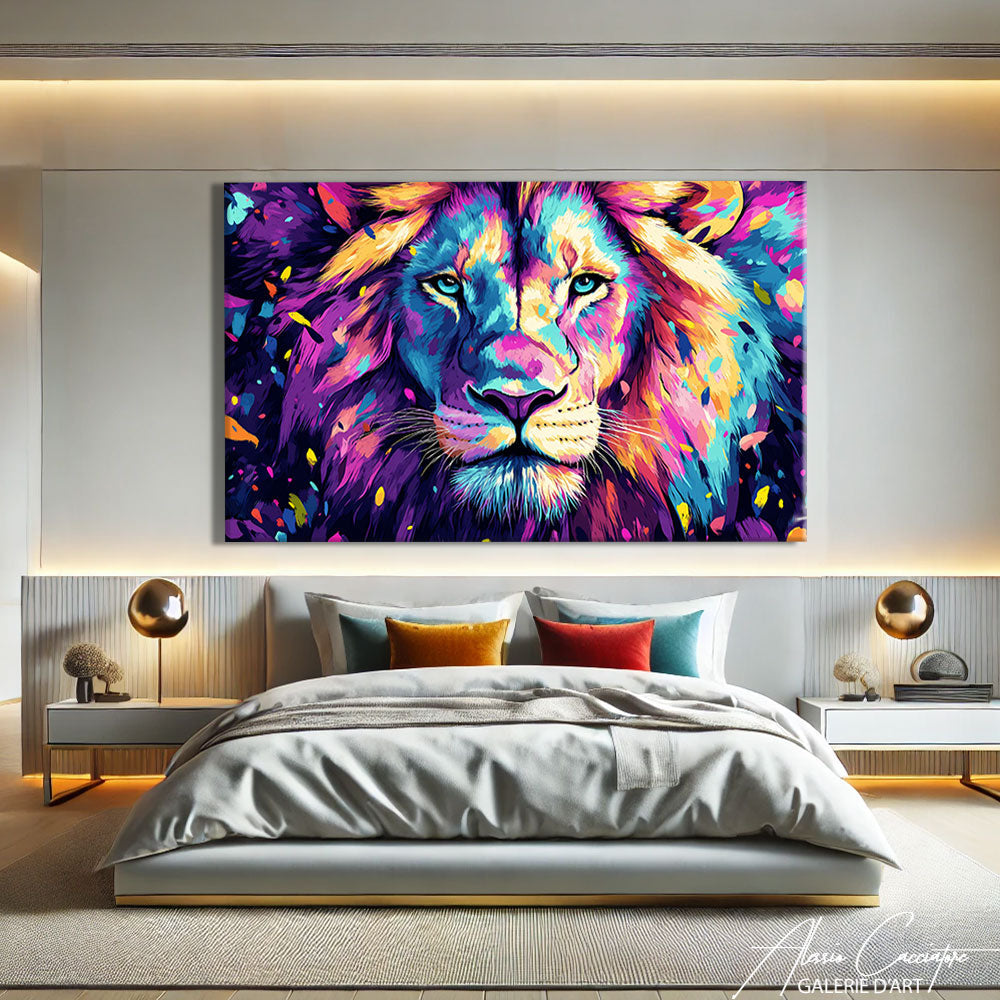 tableau lion pop art accroché dans un intérieur moderne