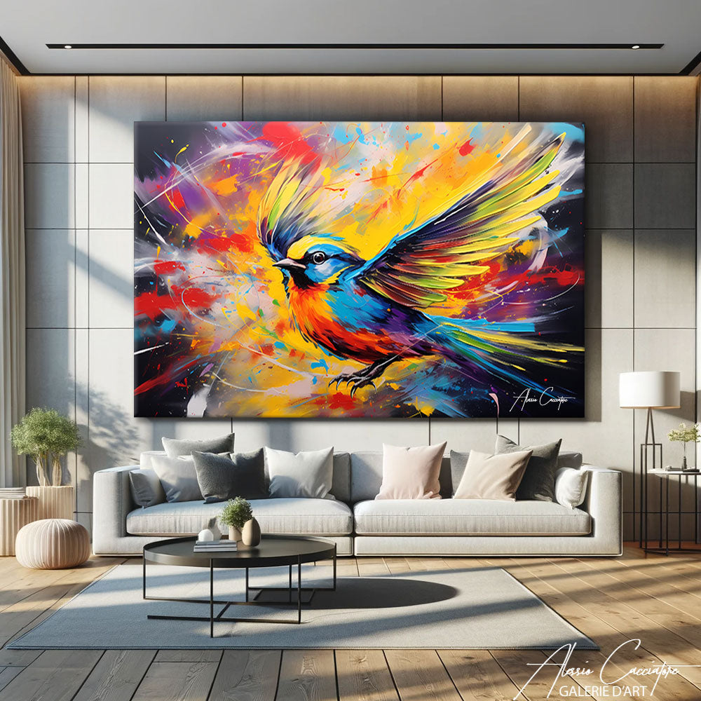 oiseaux décoration murale colorée au-dessus d'un canapé de salon
