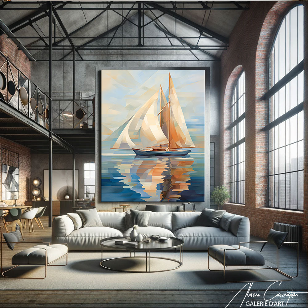 Tableau bateau moderne accroché au-dessus d'un canapé dans un salon contemporain