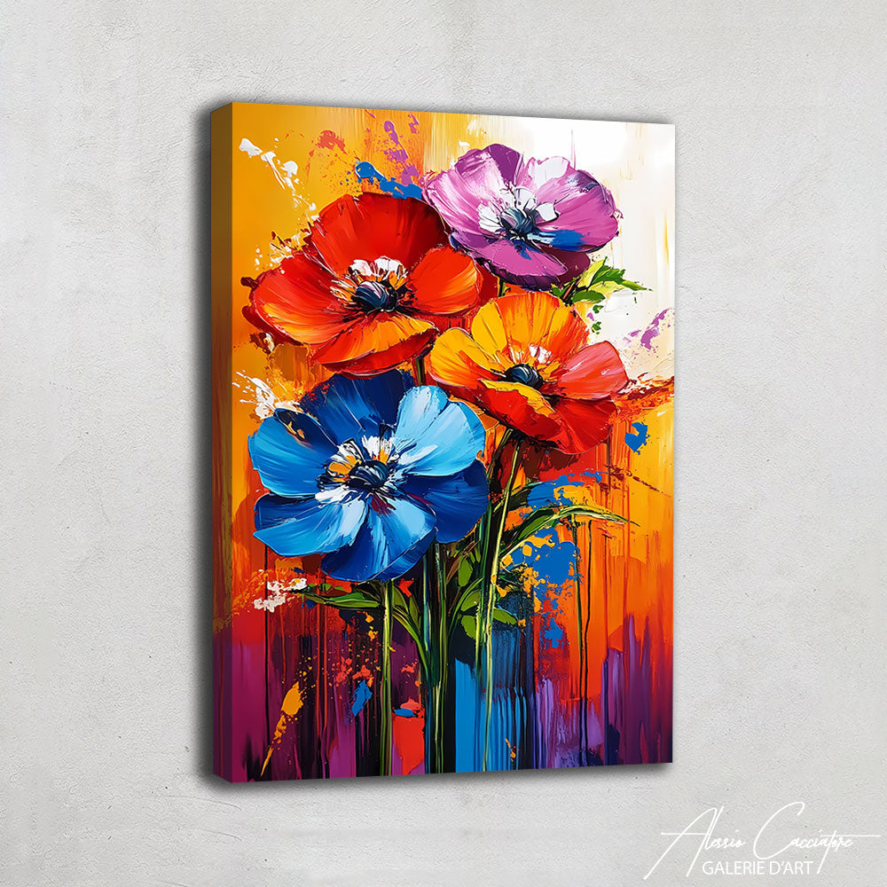 Tableau coquelicot moderne aux fleurs colorées dans un salon lumineux