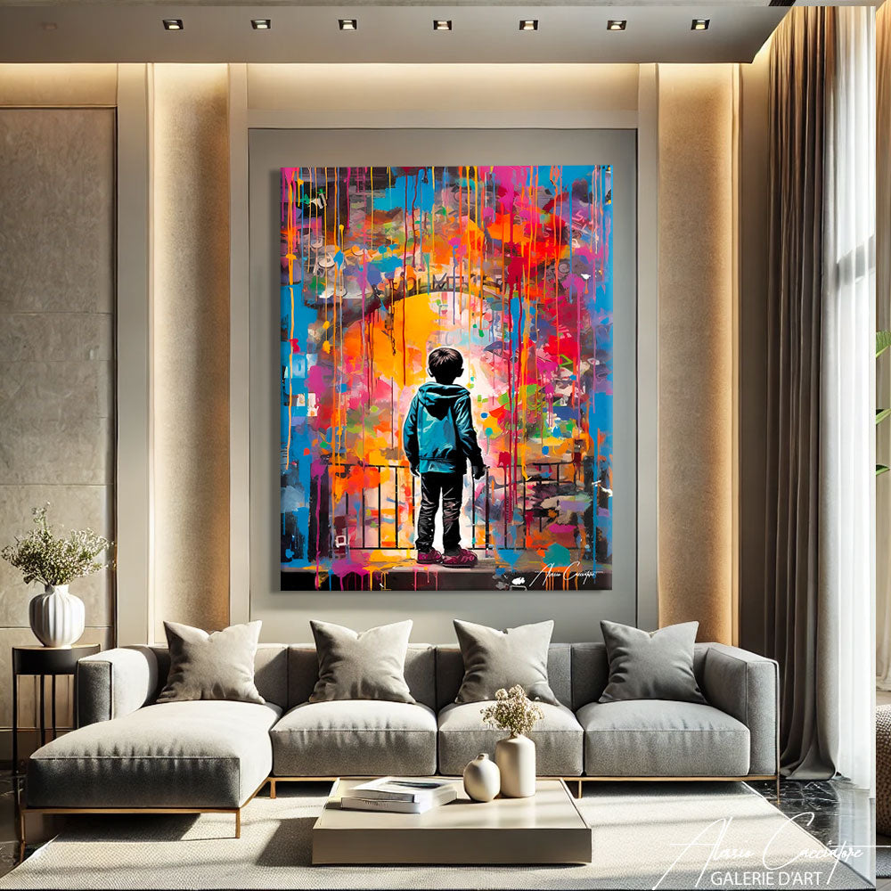 tableau coloré pop art multicolore accroché dans un intérieur moderne