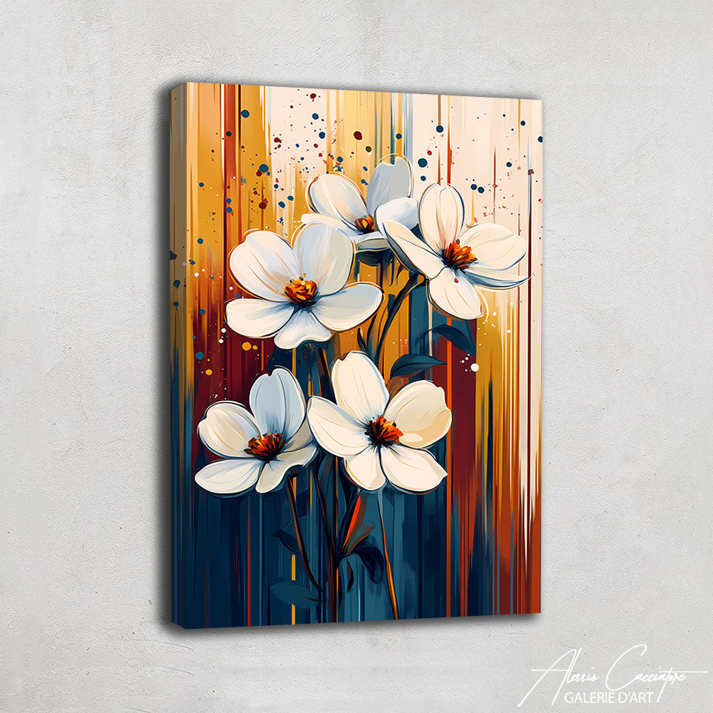 Tableaux modernes fleurs accrochés dans un salon contemporain