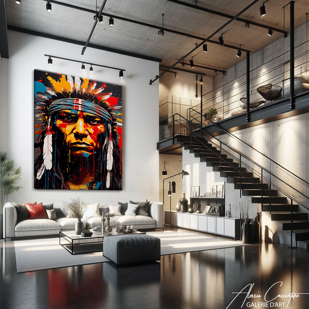 Tableau indien motif amérindien coloré accroché dans un salon loft industriel