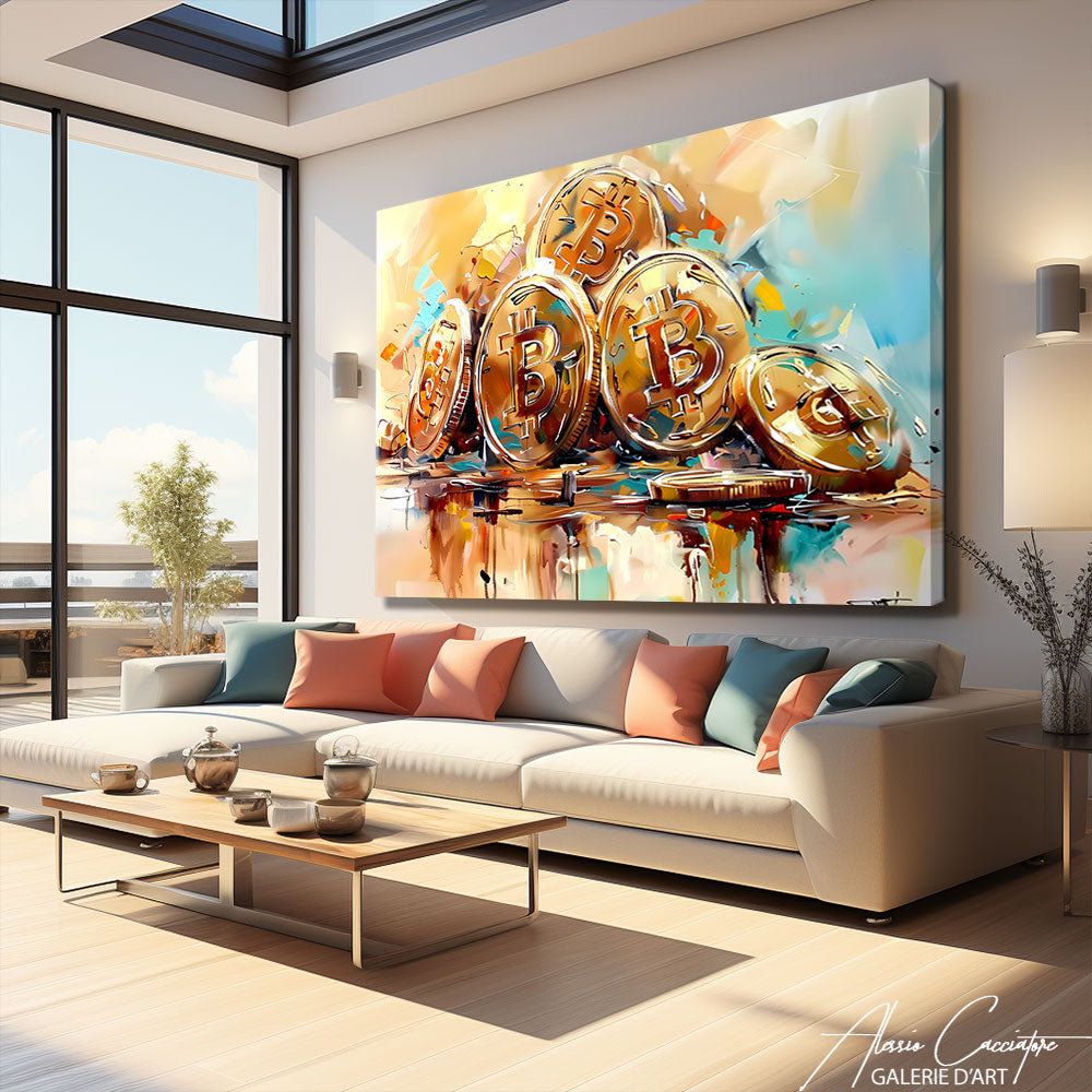 Tableau Bitcoin abstrait grand format au-dessus d'un canapé dans un salon lumineux, idée de déco crypto