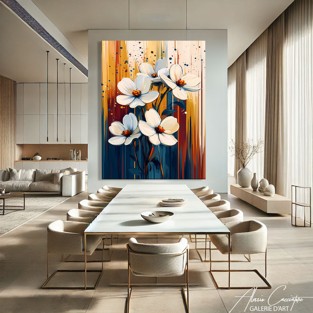Tableau fleurs moderne sur toile accroché dans un intérieur contemporain